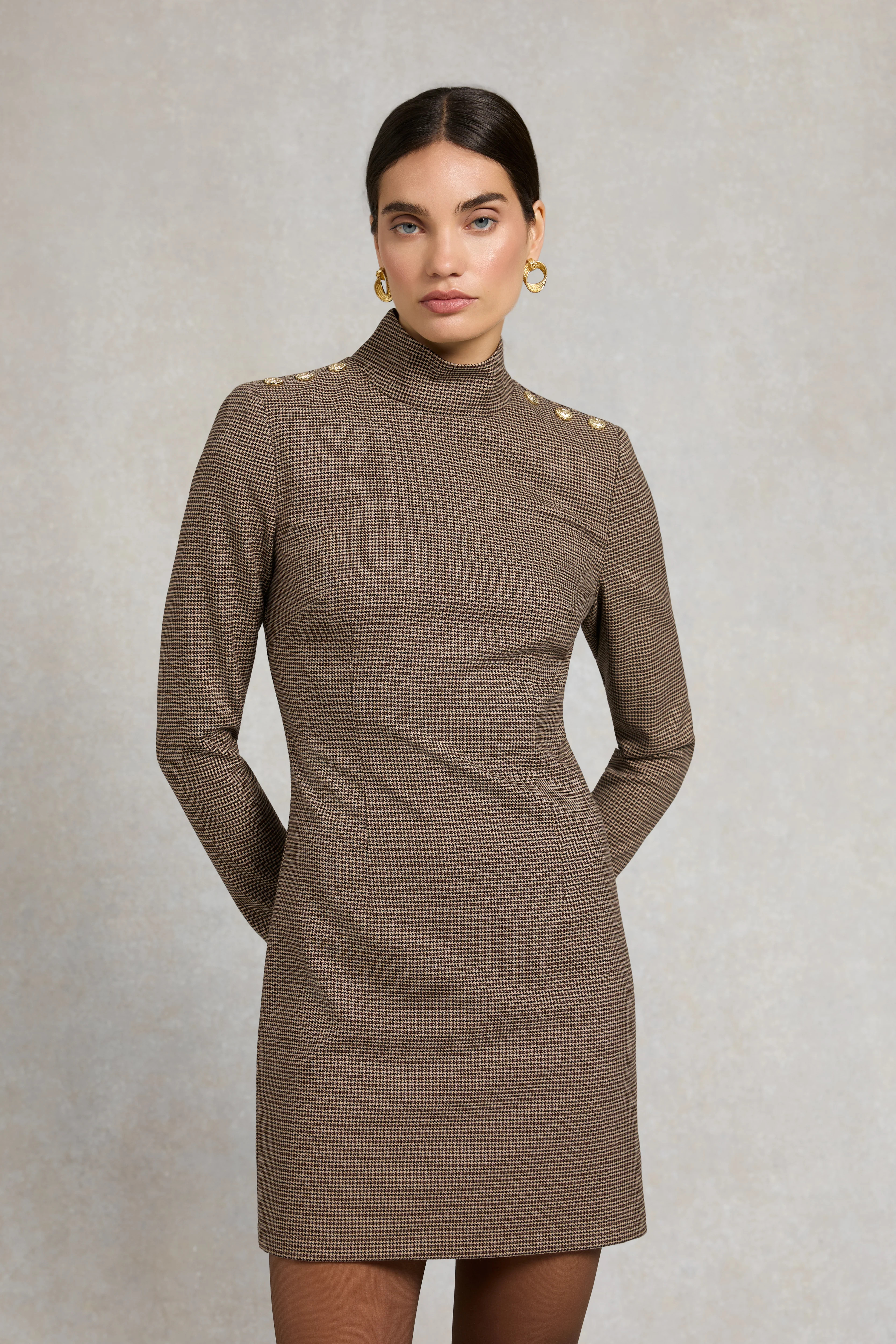 Cara Country Mini Dress (Mocha Houndstooth) | Holland Cooper