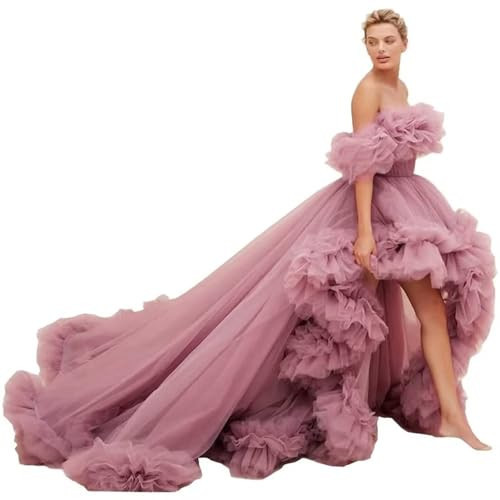 Off The Shoulder Tulle Prom Dresses Strapless Long Ball Gown with Train Hi-Low Ruffle Dusty Pink Evening Formal Party Dress for Women | Amazon (US)