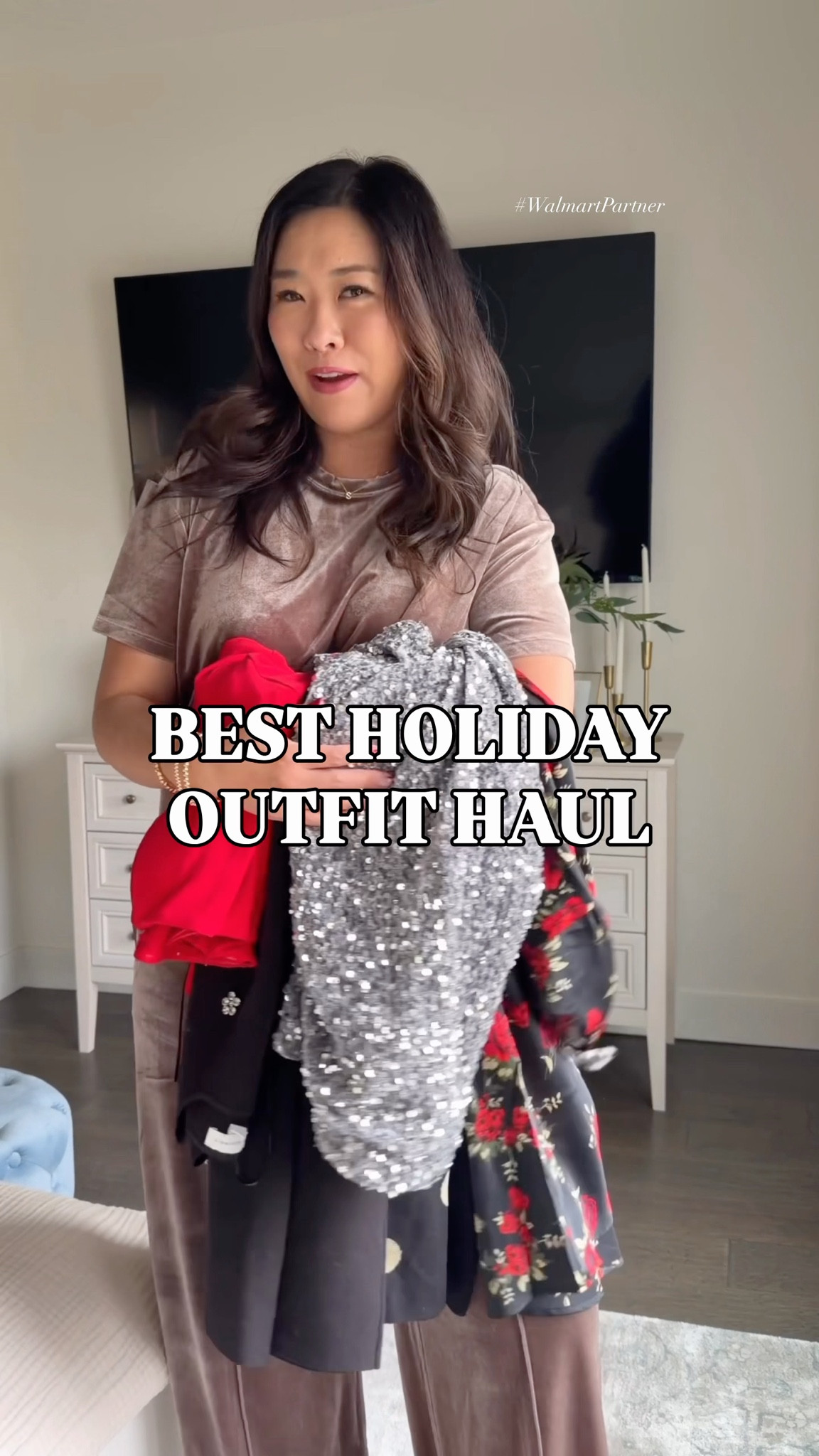 This might be the best @WalmartStyle holiday outfit haul I’ve ever shared! Love these for an upcoming Christmas or New Year’s party!! #WalmartPartner #WalmartStyle

Velvet Top: Medium
Velvet Pants: Small
Faux Fur Jacket: Medium
Tinsel Sweater: Large (will swap for Medium)
Sequin Skirt: Medium
Embellished Black Dress: Medium
Polka Dot Puff Sleeve Dress: Medium
Floral Midi Dress w Neck Tie: Small 
Red Corset Dress: Medium
Black Faux Fur Coat: Small 
Off the shoulder Top: Medium
Faux Leather Skort: Medium
Leopard Faux Fur Coat: Medium 