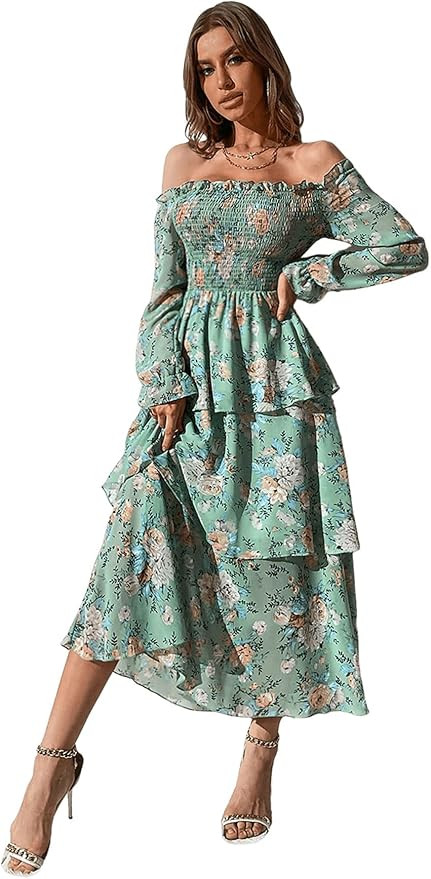 SweatyRocks Women's Off Shoulder Long Sleeve Floral Dress Layered A Line Maxi Dresses | Amazon (US)