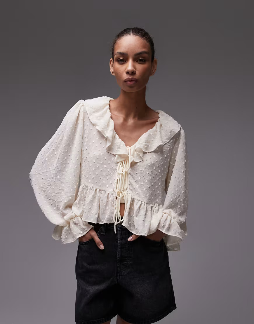 Mango ruffle tie front top in white | ASOS (Global)
