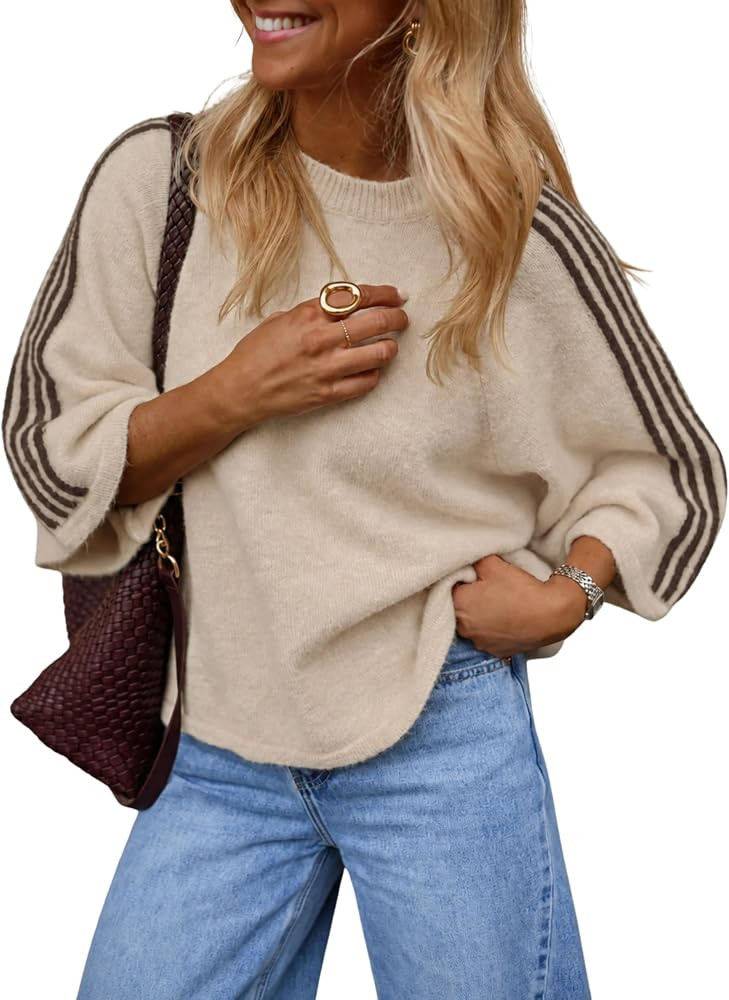Daacee Women Oversized Striped Sweater Short Sleeve Pullover Knit Top | Amazon (US)