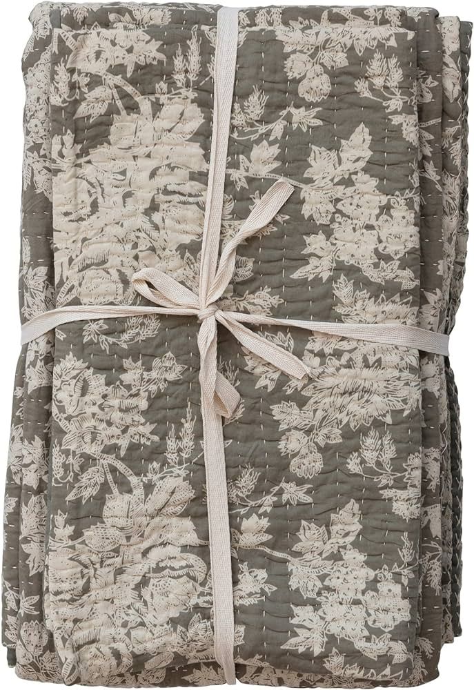 Creative Co-Op Queen Cotton Voile 2 -Shams with Floral Motif, -Set of 3 Pieces, Grey and Ivory Be... | Amazon (US)