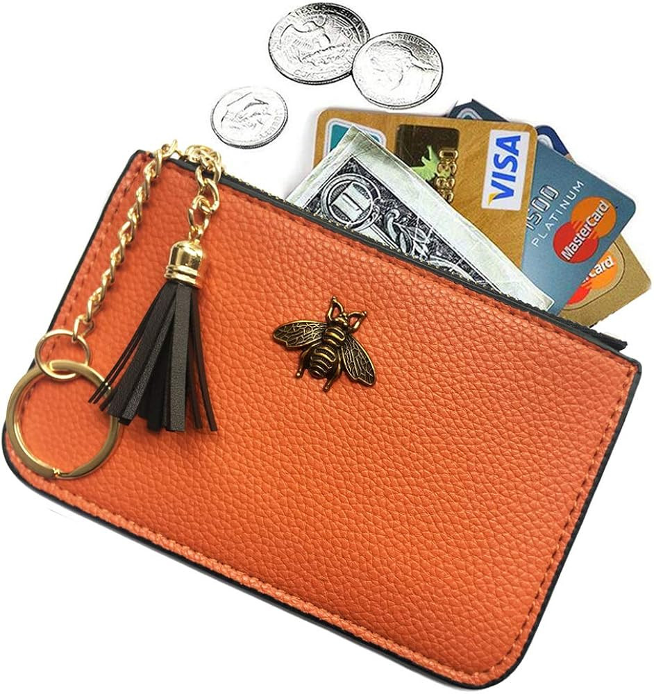 AnnabelZ Women's Coin Purse Change Wallet Pouch Leather Card Holder with Key Chain Tassel Zip (Orang | Amazon (US)