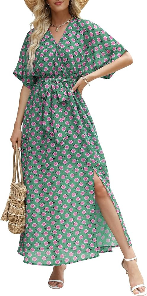 ANRABESS Womens 1/2 Sleeve Beach Wedding Guest Maxi Dresses 2026 Summer Wrap V Neck Boho Floral F... | Amazon (US)