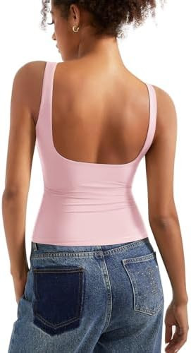SUUKSESS Women Padded Open Back Boat Neck Tank Tops Double Lined Basic Shirts | Amazon (US)
