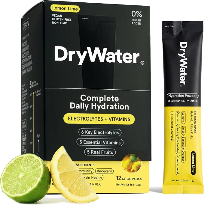 DryWater® Electrolyte + Vitamin Hydration Powder Packets – Lemon Lime, 1,000mg Potassium, Real... | Amazon (US)