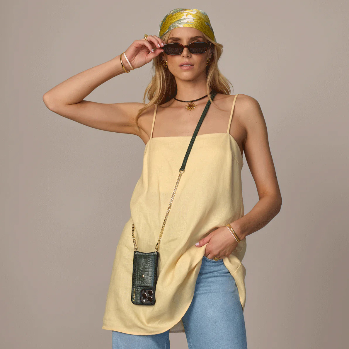 Vivian Crossbody Phone Case - Dark Green Croc/Gold | Bandolier