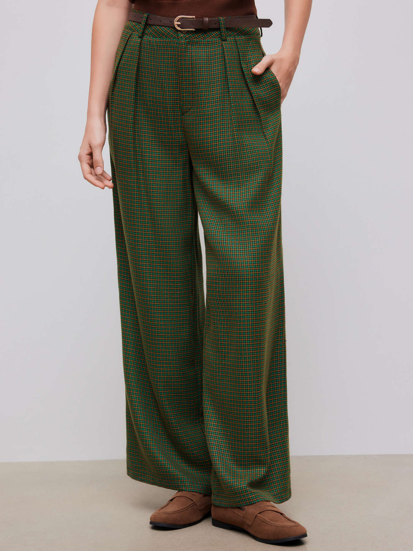 Mid Rise Houndstooth Pocket Wide Leg Trousers With Belt | Cider
