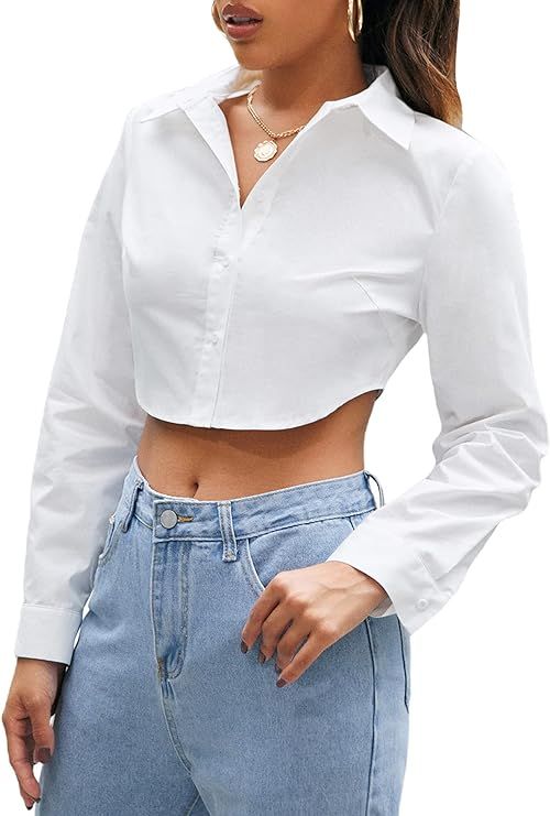 SHENHE Women's Button Down Blouse Long Sleeve Cropped Shirts Casual Blouse Tops | Amazon (US)