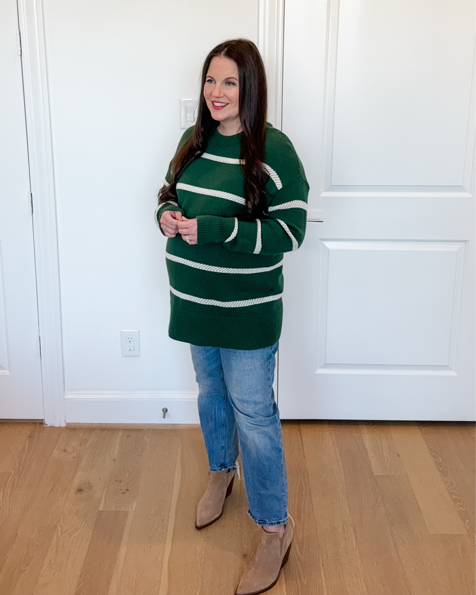 Polished Casual

This winter outfit is such a good example of polished yet comfortable pregnancy outfits. The green striped sweater adds a fresh pop of color, while the straight leg jeans offer the most comfortable fit—truly the best maternity jeans. Paired with tan brown booties, this maternity outfit works beautifully for casual winter days.

#LTKBump #LTKSeasonal #LTKPetite