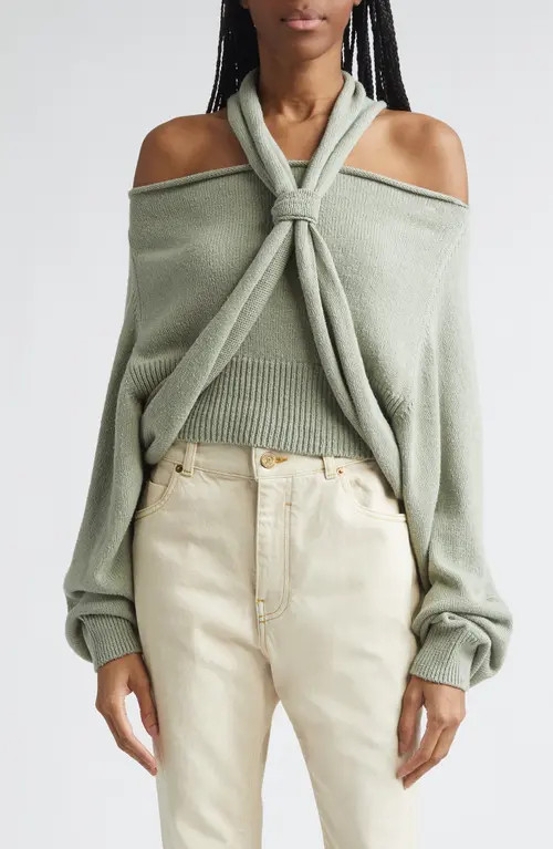 Balmain Halter Neck Cold Shoulder Silk Sweater in 7Eu Sage at Nordstrom, Size Small | Nordstrom