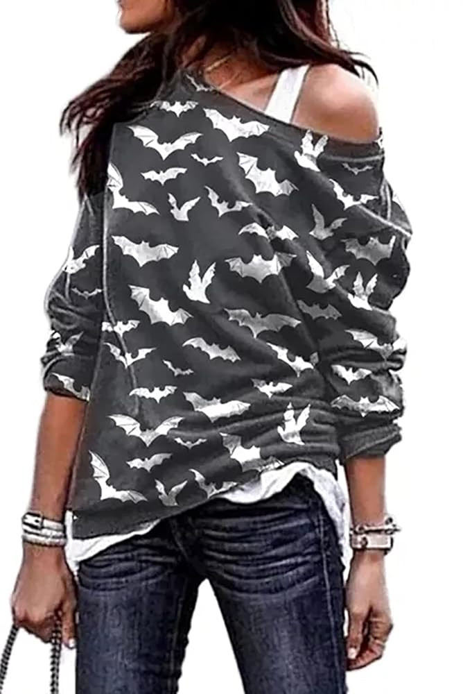 Womens Halloween Shirt Long Sleeve Pumpkin Ghost Bat Print Party Off Shoulder Top | Amazon (US)