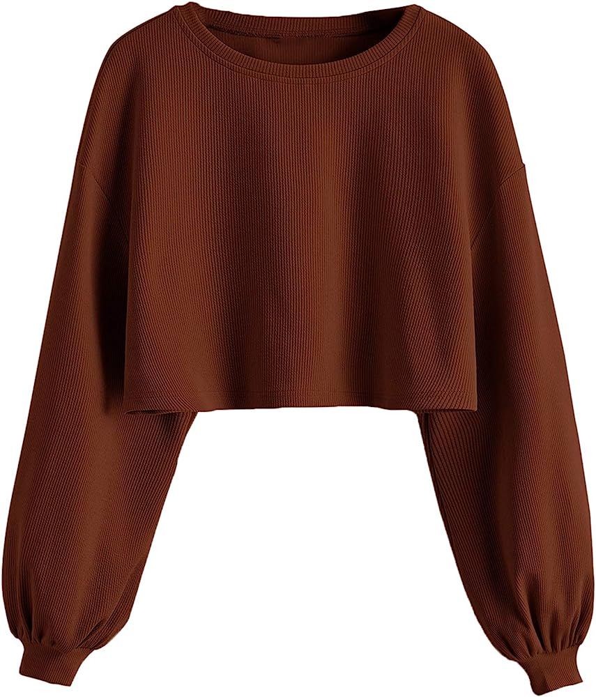 SweatyRocks Women's Casual Solid Long Sleeve Crew Neck Pullover Crop Tops Sweatshirts | Amazon (US)