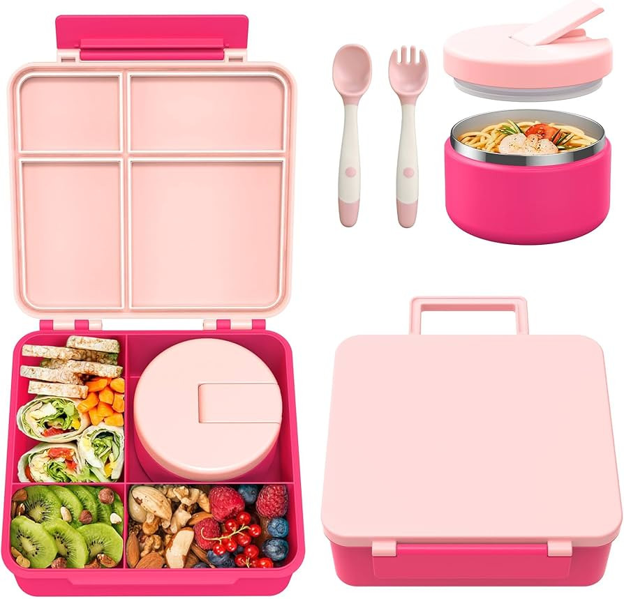 Bento Lunch Box with 8oz Soup Thermo, Kids Leakproof Lunch Food Containers with 4 Compartment, Ki... | Amazon (US)