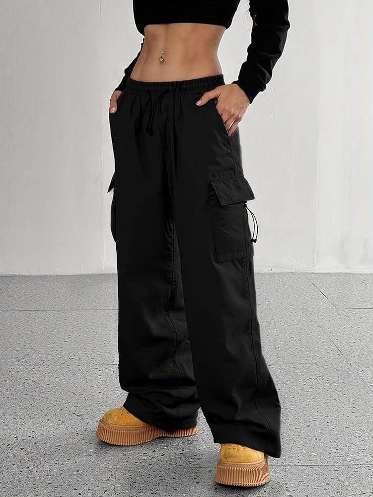 Amazon.com: Women's Casual Pants Loose Fit Hiking Trousers Hight Waist Streetwear Cargo Pants Bla... | Amazon (US)