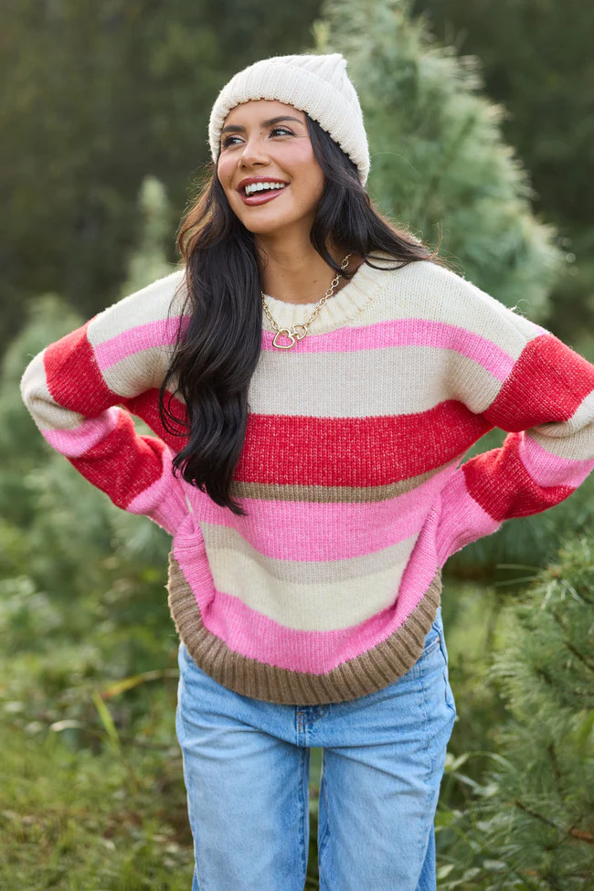 Marla Pink and Red Striped Sweater | Pink Lily
