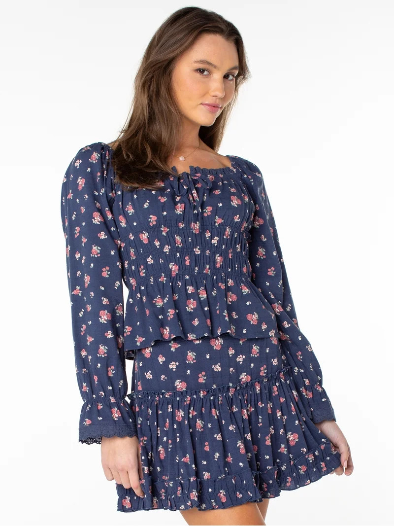 Celebrity Pink Women's Long Sleeve Square Neck Lace Trim Top, Sizes XS-XXXL | Walmart (US)