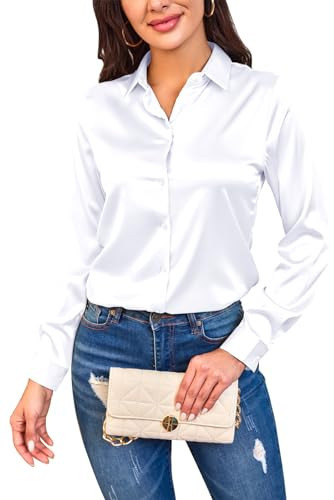 Womens Soft Satin Silk White Button Down Shirts Dressy Casual Long Sleeve Collared Work Blouses Tops (X-Large, White-01) | Amazon (US)