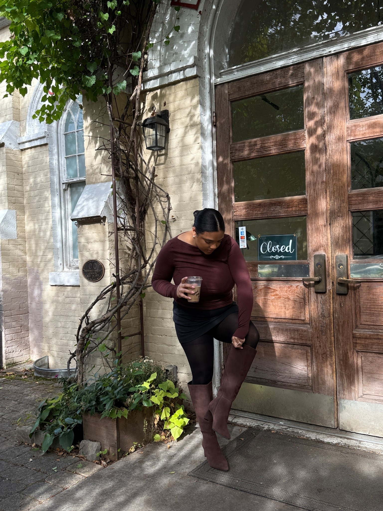 Cutie outfit for Fall ☕️ Wearing a large in the top/skirt/tights and an 8.5 wide in boots (they fit perfectly!) 

#LTKShoeCrush #LTKSeasonal #LTKMidsize