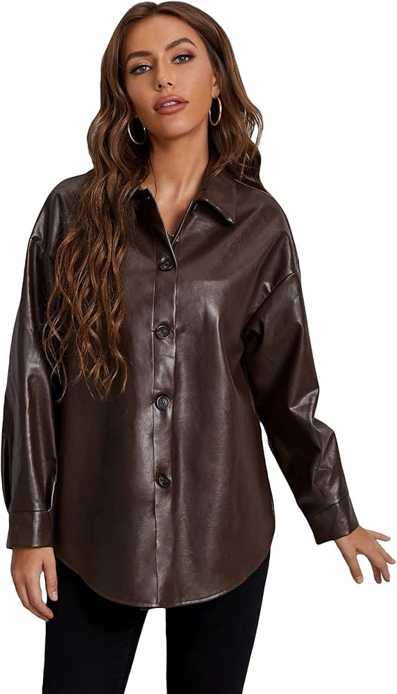 MakeMeChic Women's Faux Leather Jacket Long Sleeve Button Down PU Leather Shacket Coat | Amazon (US)