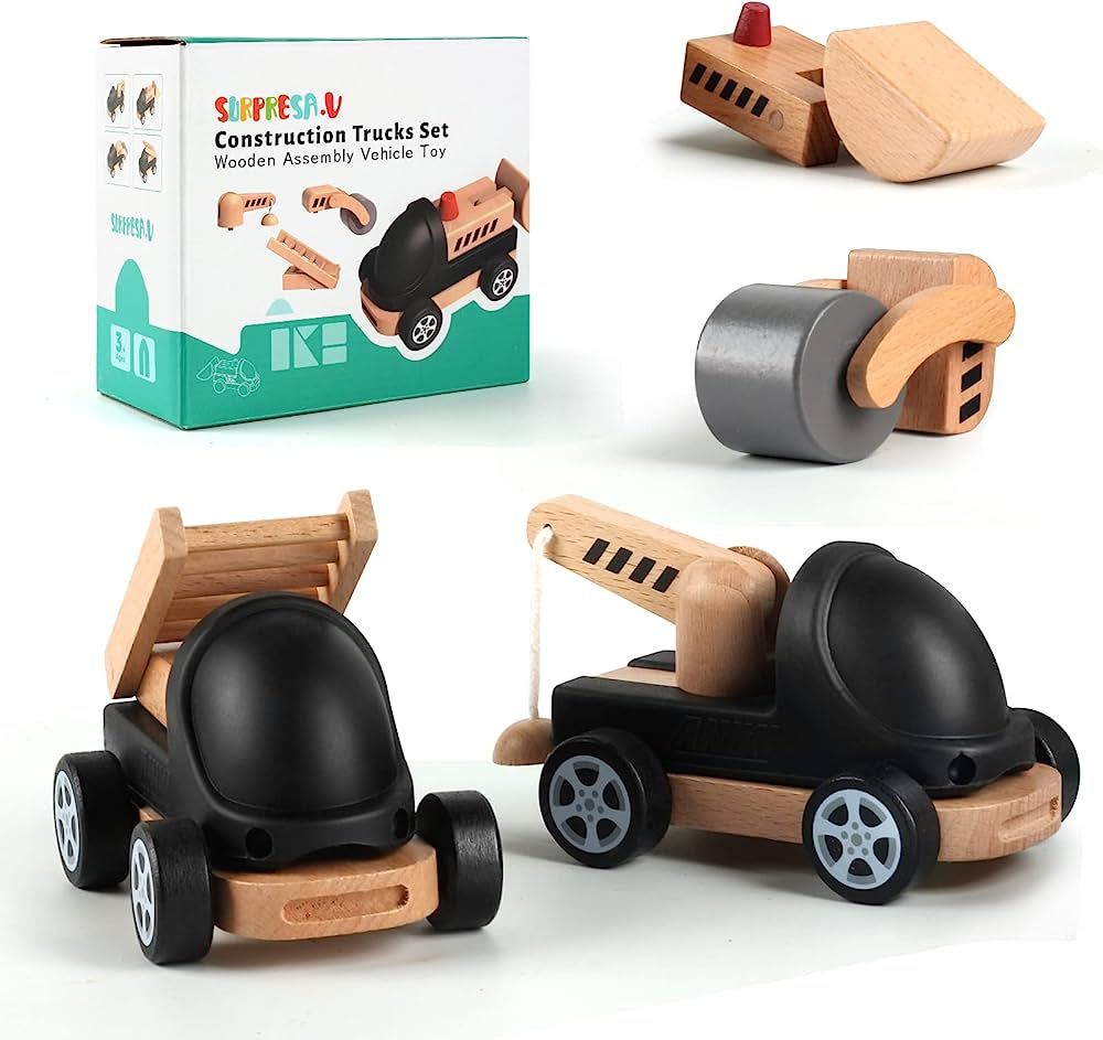 SURPRESA.V Cute Baby Wooden Car Toys,4 Kinds Wooden Construction Work Vehicles, Detachable Compon... | Amazon (US)