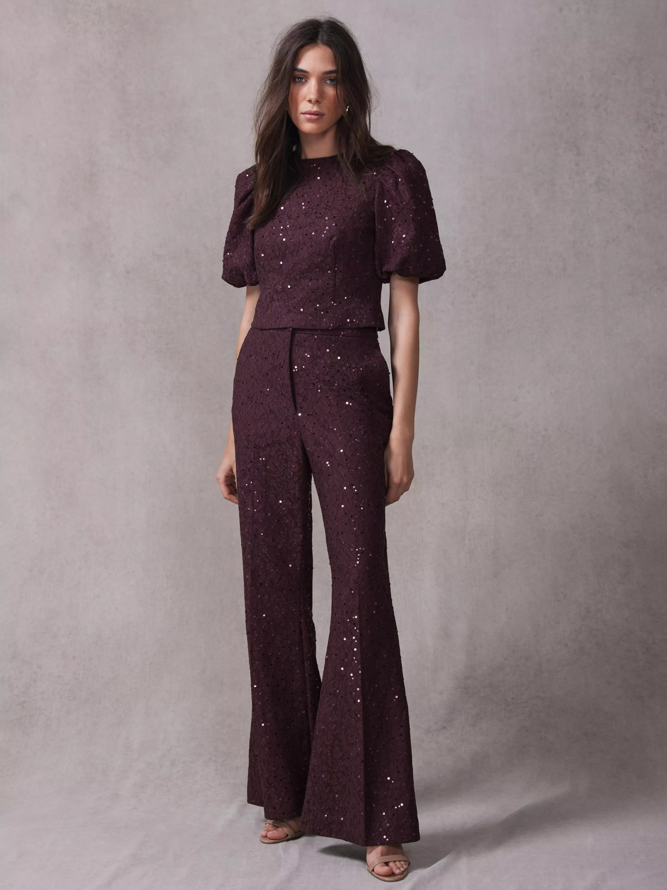 Mint Velvet Lace Sequin Flared Trousers, Red Burgundy | John Lewis (UK)