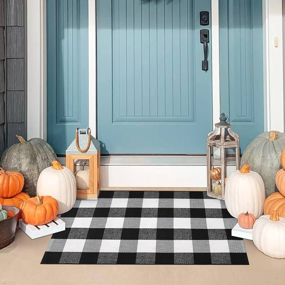 KIMODE Buffalo Plaid Outdoor Rug Runner Doormat 24'' x 51", Black/White Cotton Woven Checkered Fa... | Amazon (US)