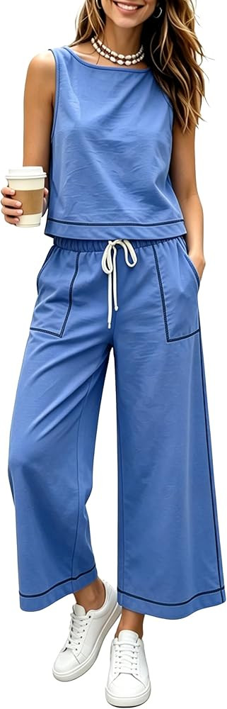 Women's Two Piece Summer Outfits Boat Neck Sleeveless Top Wide Leg Drawstring Pants Lounge Travel... | Amazon (US)