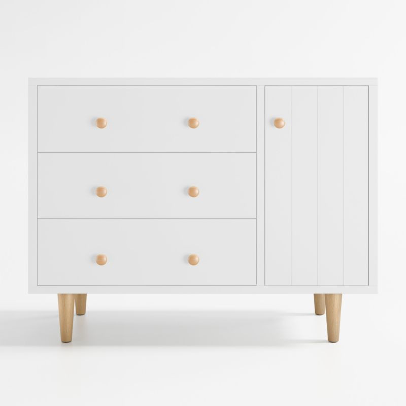 Finn Wide White Wood 3-Drawer Kids Dresser with Door + Reviews | Crate & Kids | Crate & Barrel