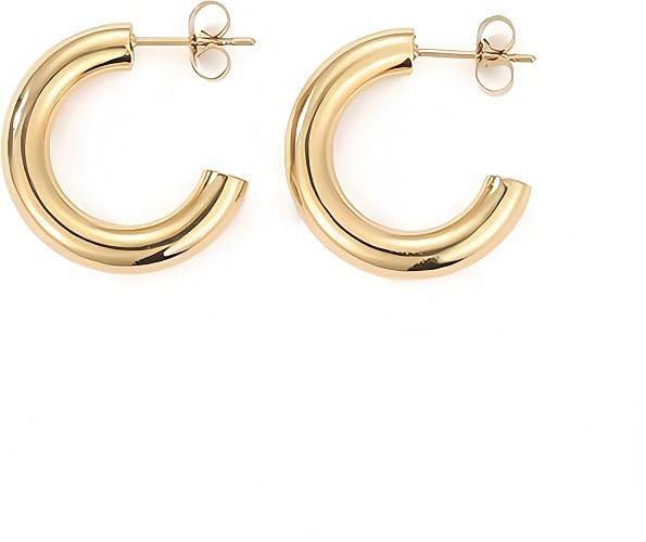 14K Gold Hoop Earrings for Women, C Shape Gold Trendy Earrings, Non Tarnish Dainty Design, Simple... | Amazon (US)