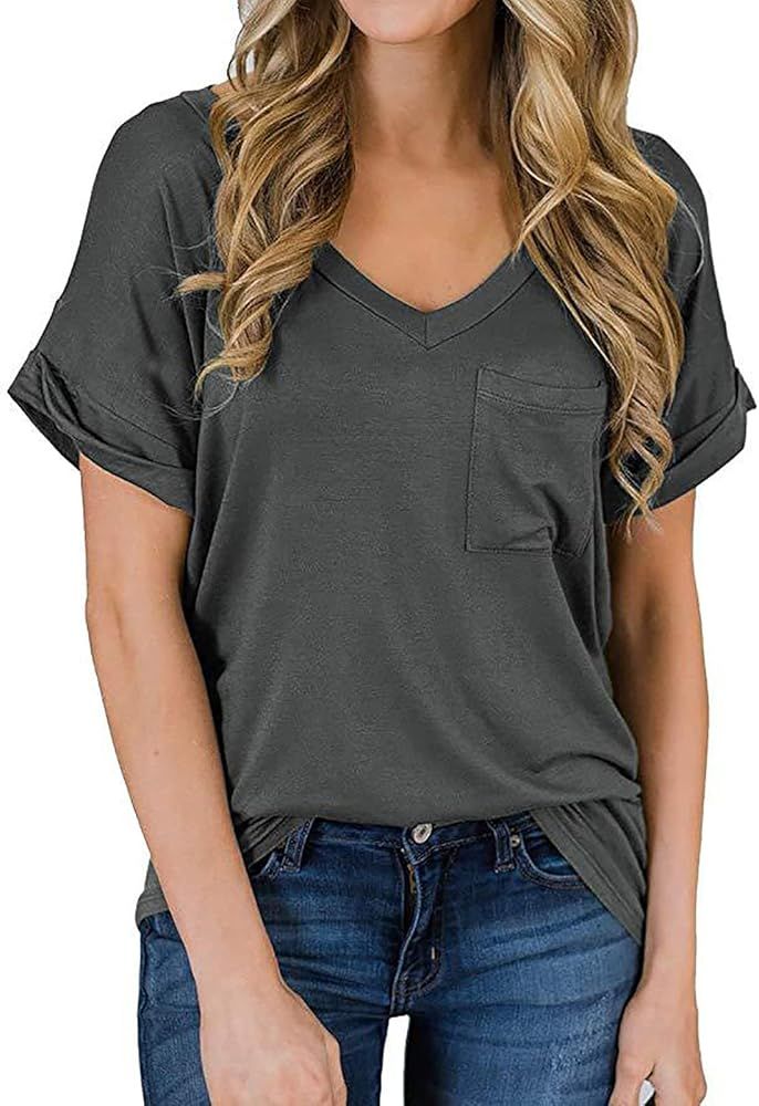 Women's Tops V Neck T Shirts Short Sleeve V Neck Loose Casual Basic Tee Tops Summer Casual with P... | Amazon (US)