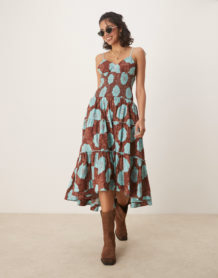 Free People adriel floral print knee length cami dress in nutmeg-Brown | ASOS (Global)