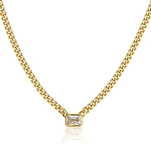 espere Baguette CZ Necklace | Emerald Cut Pendant Cuban Link Chain Choker 14'' with 2'' Extender | Amazon (US)
