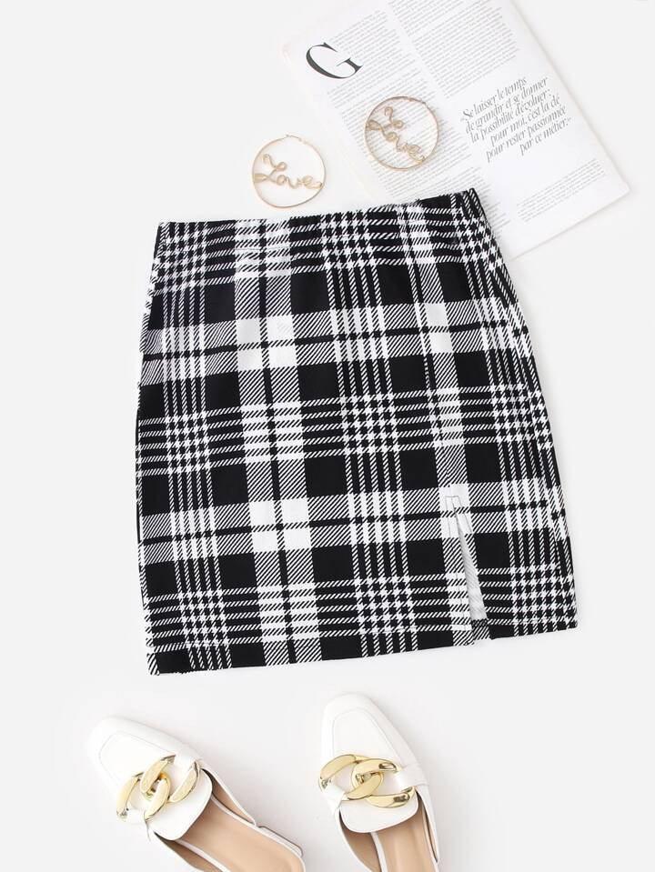 SHEIN Privé Slit Hem Plaid Skirt | SHEIN