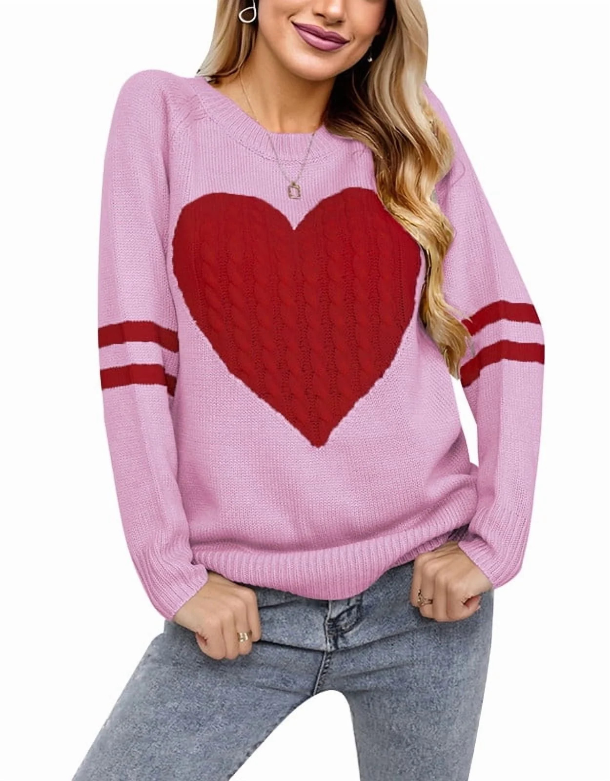 Valentine's Day Sweaters for Women Crew Neck Pullover Sweater Cute Cable Knit Heart Sweater Sherm... | Walmart (US)