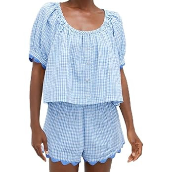 VAOYIU Two Piece Sets for Women Casual Summer Gingham Outfit Puff Sleeve Crew Neck Top Matching S... | Amazon (US)