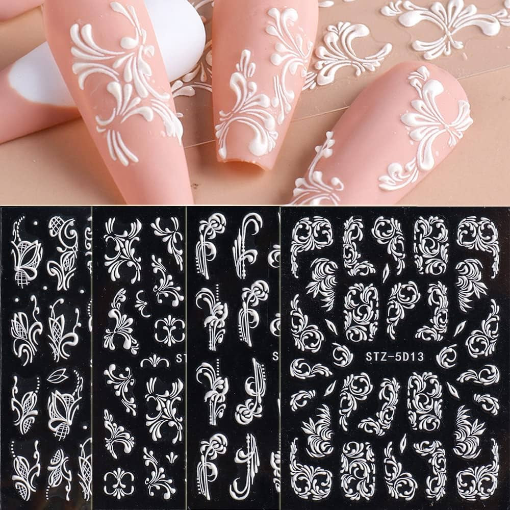 Amazon.com: 4 Sheets Flower Nail Art Sticker Decals - 5D Stereoscopic Embossed Acrylic Nail Stick... | Amazon (US)