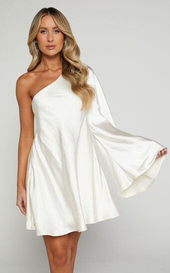 Karla Mini Dress - One Shoulder Long Sleeve Dress in Pearl | Showpo (US, UK & Europe)