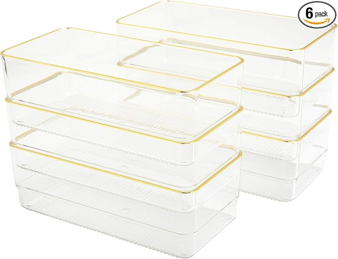 Martha Stewart Kerry Plastic Stackable Office Desk Drawer Organizers, 6" x 3", 6 Pack, with Gold ... | Amazon (US)