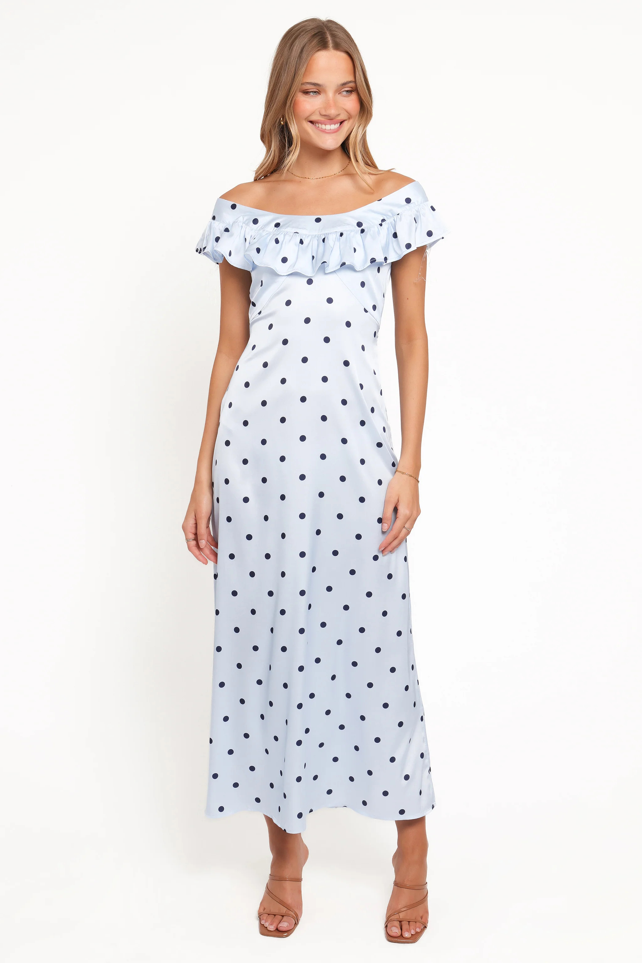 Manaris Off Shoulder Maxi Dress - Blue Polka Dot | Petal & Pup (US)
