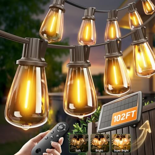 addlon 102FT(96+6) Solar String Lights Outdoor with Remote, Last 30+ Hrs | Waterproof Patio Light... | Amazon (US)