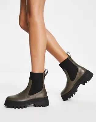 Whistles chunky sole leather chelsea boots in khaki | ASOS (Global)