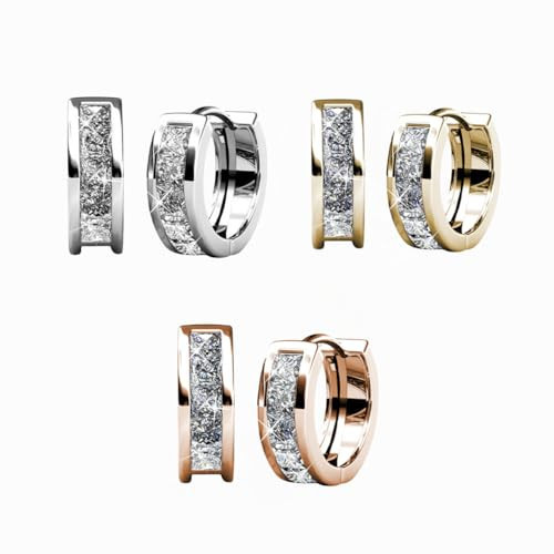 Cate & Chloe Giselle 18K White, Yellow, Rose Gold-Plated Hoop Earrings | 3 Pair Mixed Earring Set | Round Cut Simulated Diamond Crystals | 15mm Dainty Hoops | Mother's Day, Birthday Gift for Her | Amazon (US)