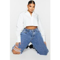 Plus White Cotton Oversized Crop Shirt | PrettyLittleThing US