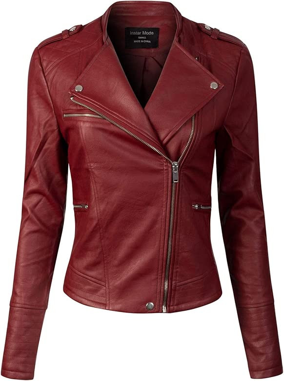 Women's Long Sleeve Zipper Closure Moto Biker Faux Leather Jacket | Amazon (US)