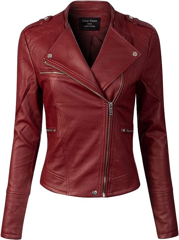 Women's Long Sleeve Zipper Closure Moto Biker Faux Leather Jacket | Amazon (US)