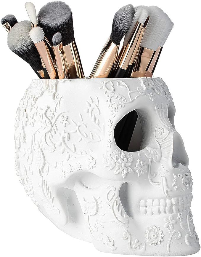 Skull Makeup Brush Holder Extra Large, Strong Resin Extra Large By The Wine Savant (White) | Amazon (US)