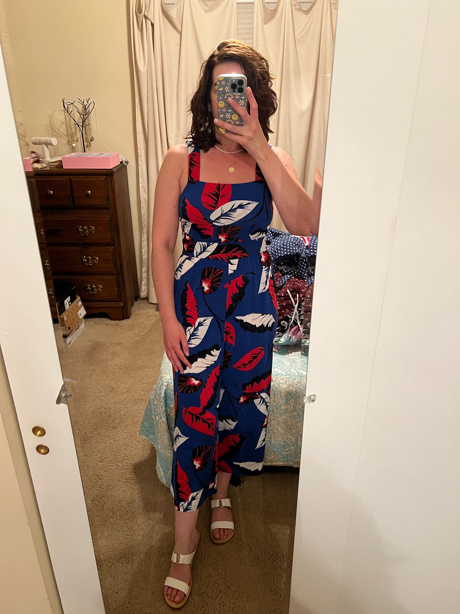 4th of July Outfit - red white and blue floral jumpsuit (size small). White sandals (size 8.5). #jumpsuit #floraljumpsuit #sandals #whitesandals #4thofjuly #4thofjulyoutfit #summeroutfit Summer Outfit Sandals 

#LTKStyleTip #LTKSeasonal #LTKFindsUnder100