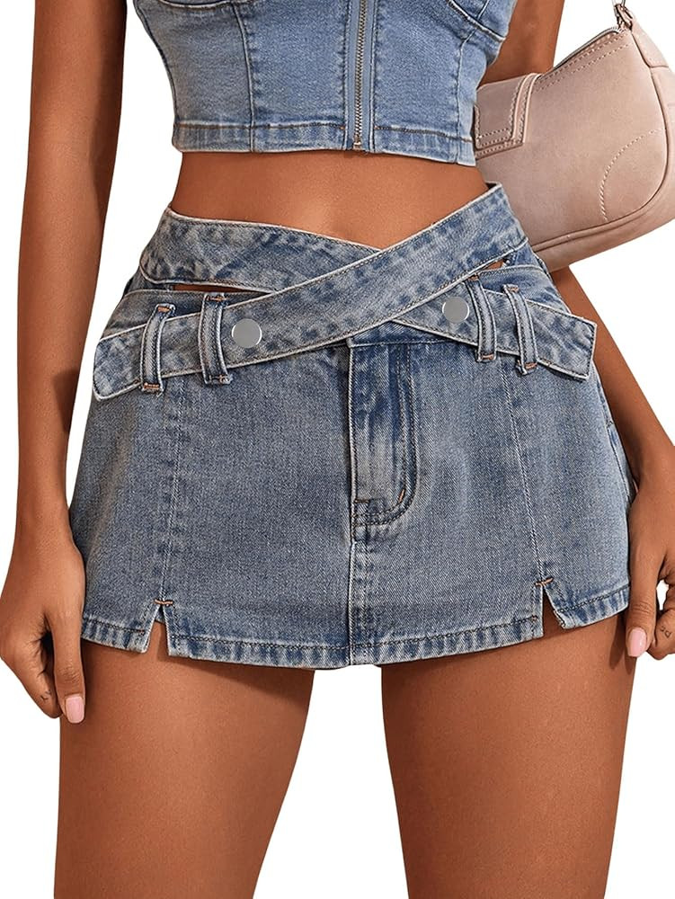 Women's Casual High Waist Zipper Y2K Criss Cross Split Hem Button Front Denim Skort Skirt | Amazon (US)